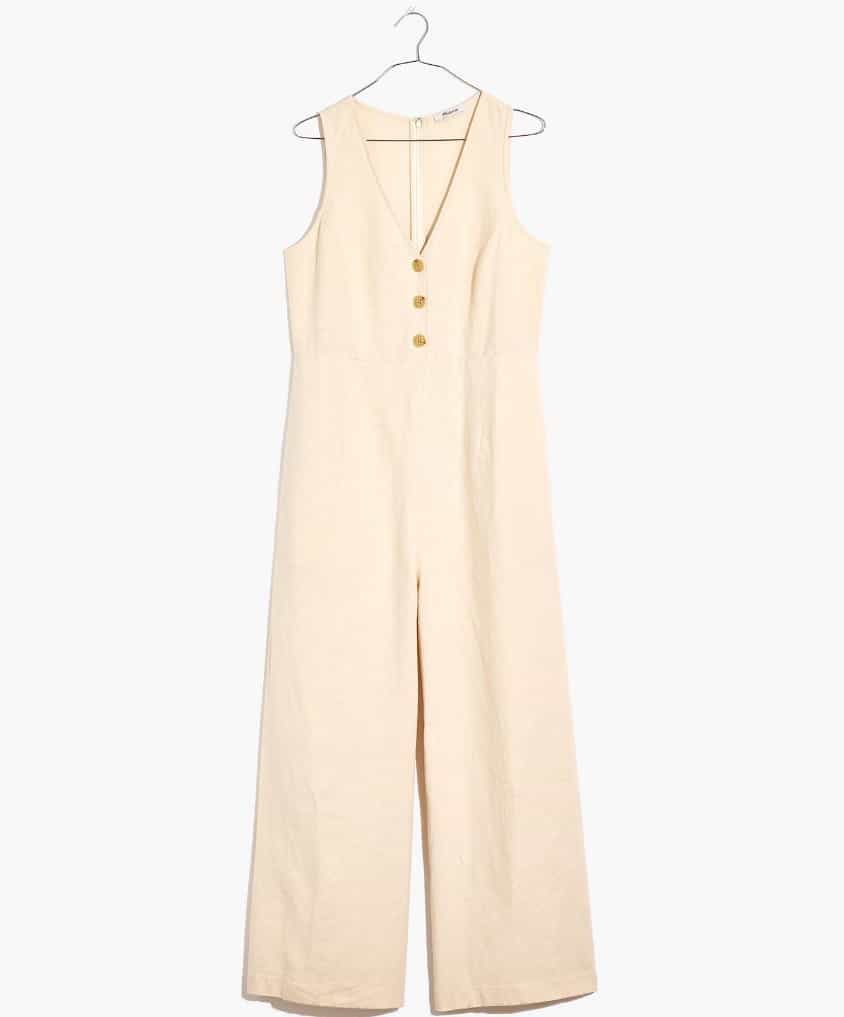 Linen-Blend Sleeveless Button-Front Jumpsuit