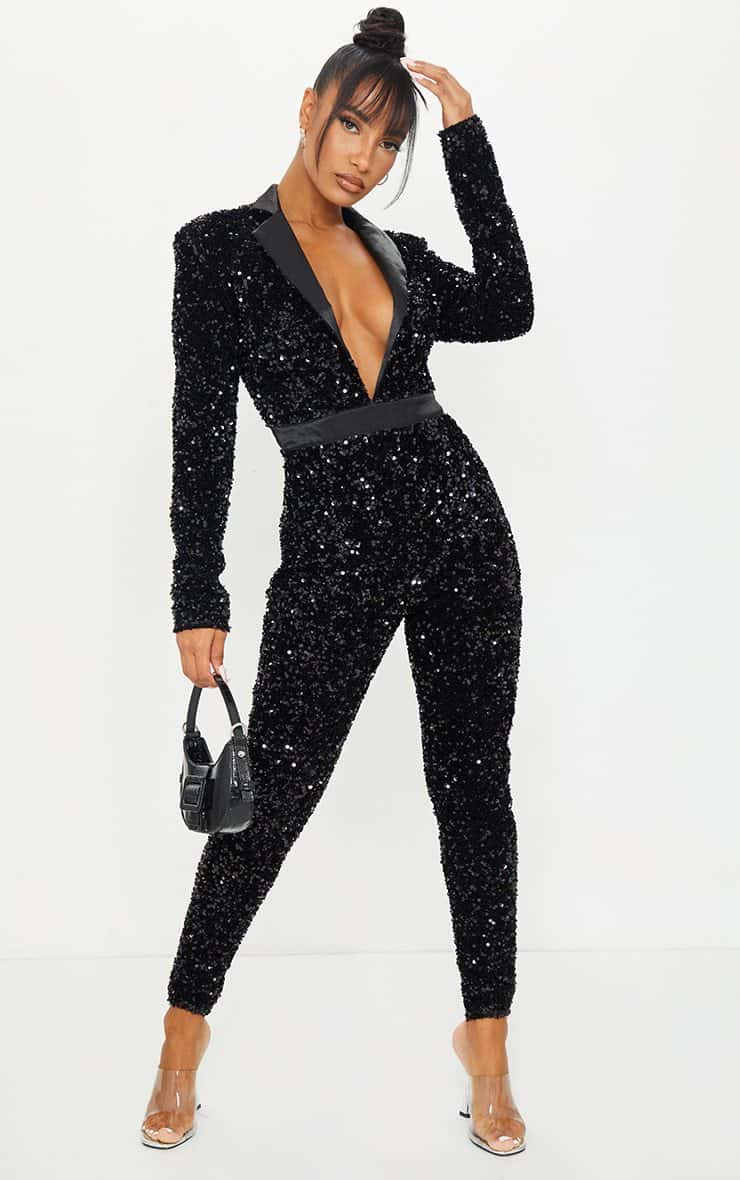 Black Premium Velvet Sequin Plunge Front Tailored Jumpsuit image 1