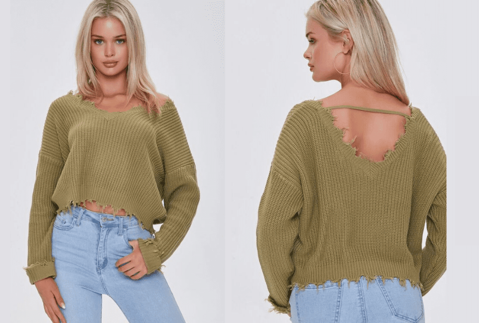 Ribbed Distressed-Trim Sweater