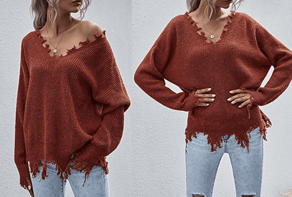 SEMATOMALA Women's Off Shoulder Ragged Sweater