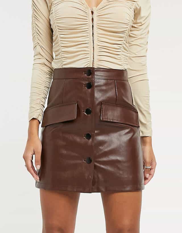 ASOS DESIGN leather look button through mini skirt in brown | ASOS