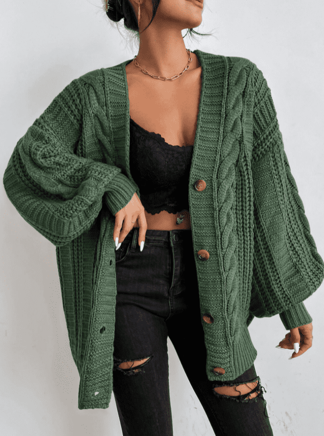 SHEIN Solid Button Front Cable Knit Cardigan