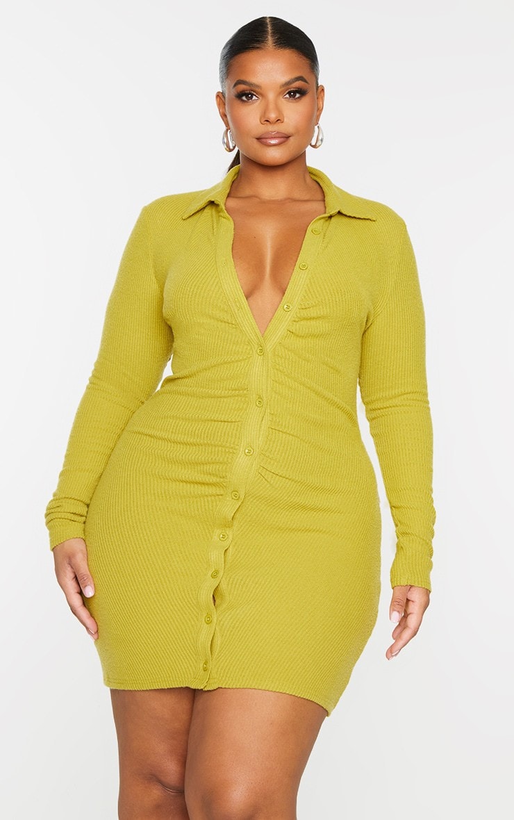 Plus Chartreuse Brushed Rib Long Sleeve Ruched Shirt Dress image 1