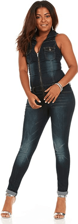 COVER GIRL womens Denim Biker Skinny Long Jumpsuit Overalls Sexy Zip Up Sleeveless