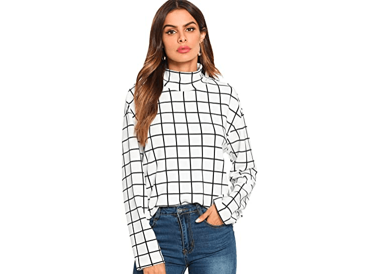 Floerns Women's Casual Mock Neck Long Sleeve Grid Plaid Loose Shirt