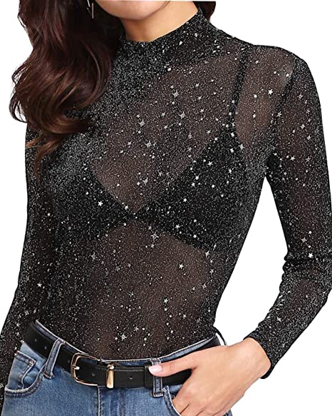 MANGOPOP Women's Long Sleeve Short Sleeve Glitter Sheer Mesh Tops T Shirt Blouse Clubwear