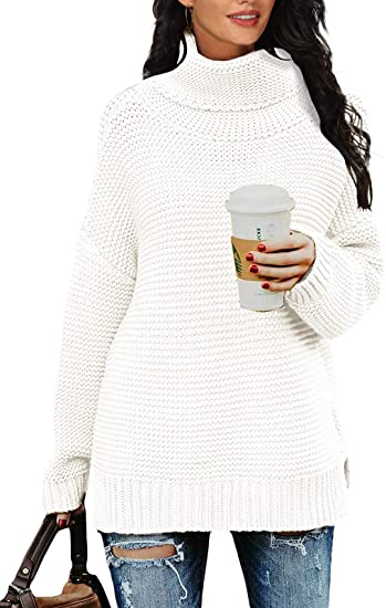 PrinStory Womens Casual Long Sleeve Turtleneck Chunky Knit Pullover Sweater Tops with Side Slit