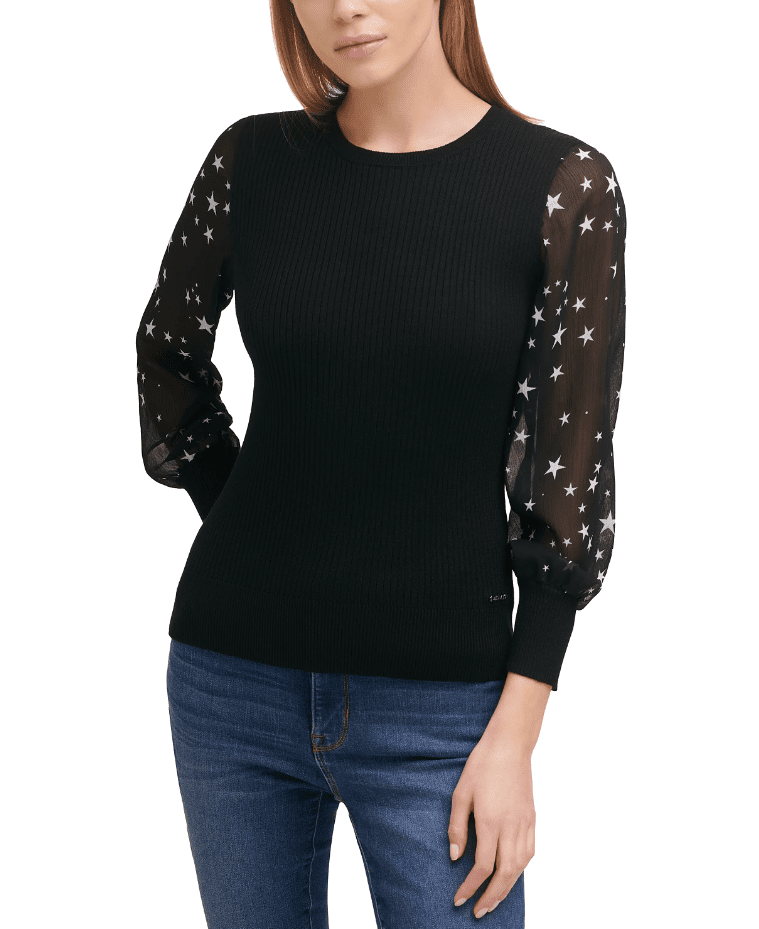 Sheer-Sleeved Mixed-Media Sweater