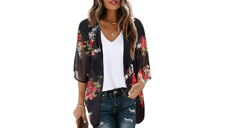 Women's Floral Print Puff Sleeve Kimono Cardigan Loose Cover Up Casual Blouse Tops