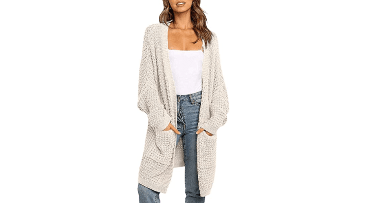 Women's Kimono Long Batwing Sleeve Open Front Chunky Cable Knit Loose Cardigan Sweater with Pockets