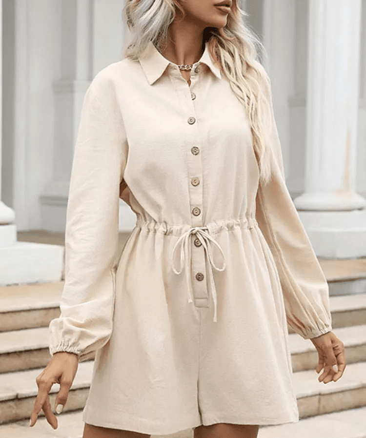 allyLikes Women's Plain Polo Collar Button Front Long Sleeve Short Jumpsuit