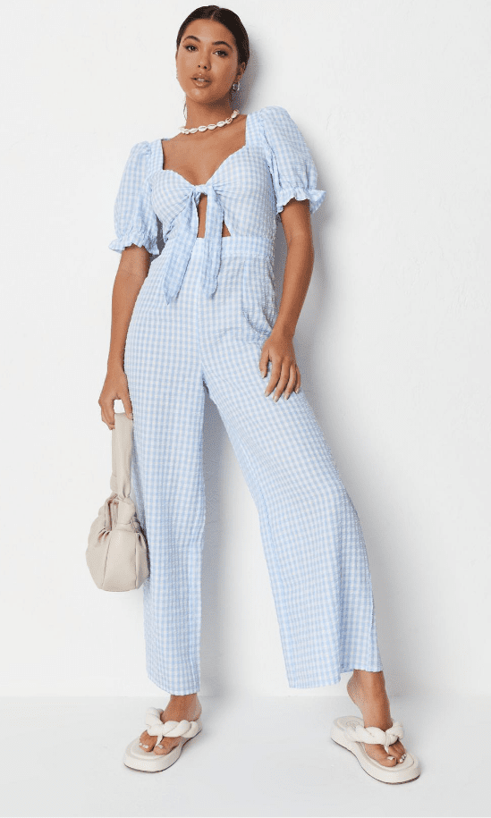 tall blue gingham tie front jumpsuit